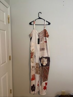 Sleeveless Patchwork Floral Jumpsuit in Cream and Brown